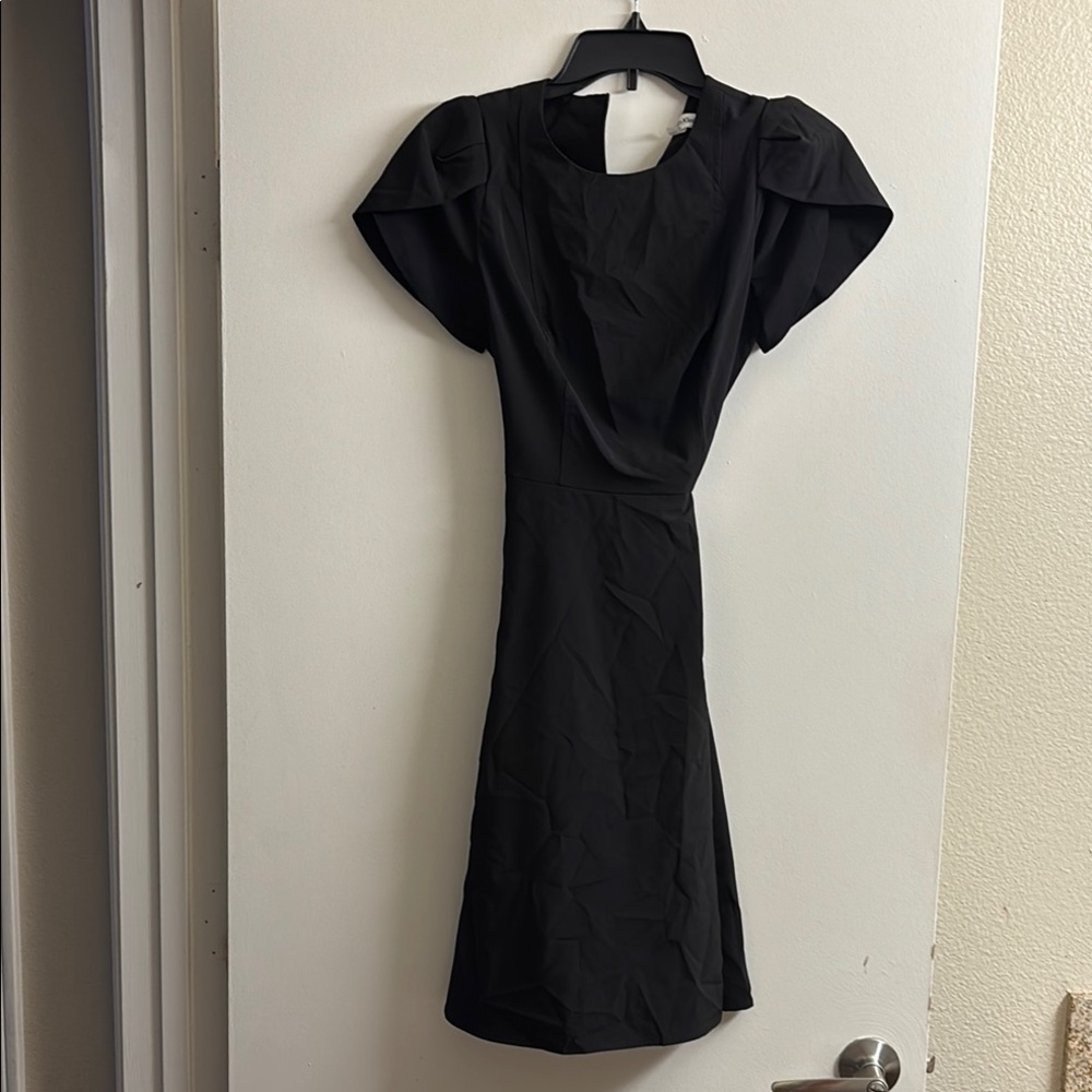 Calvin Klein Black Sheath Retro Midi Dress with Flutter Sleeves